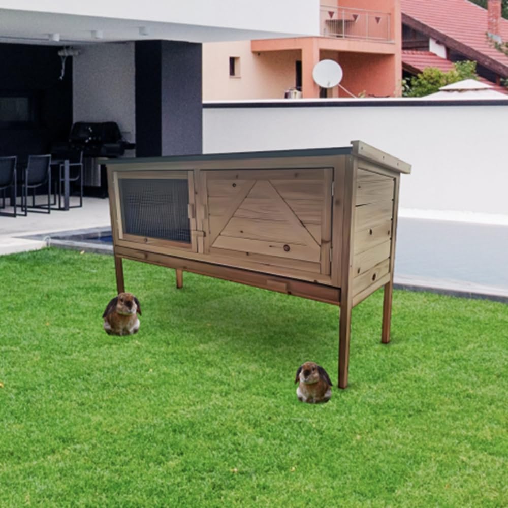 Outdoor Wooden Rabbit Hutch with Open-up Roof and Pull Out Tray I5809