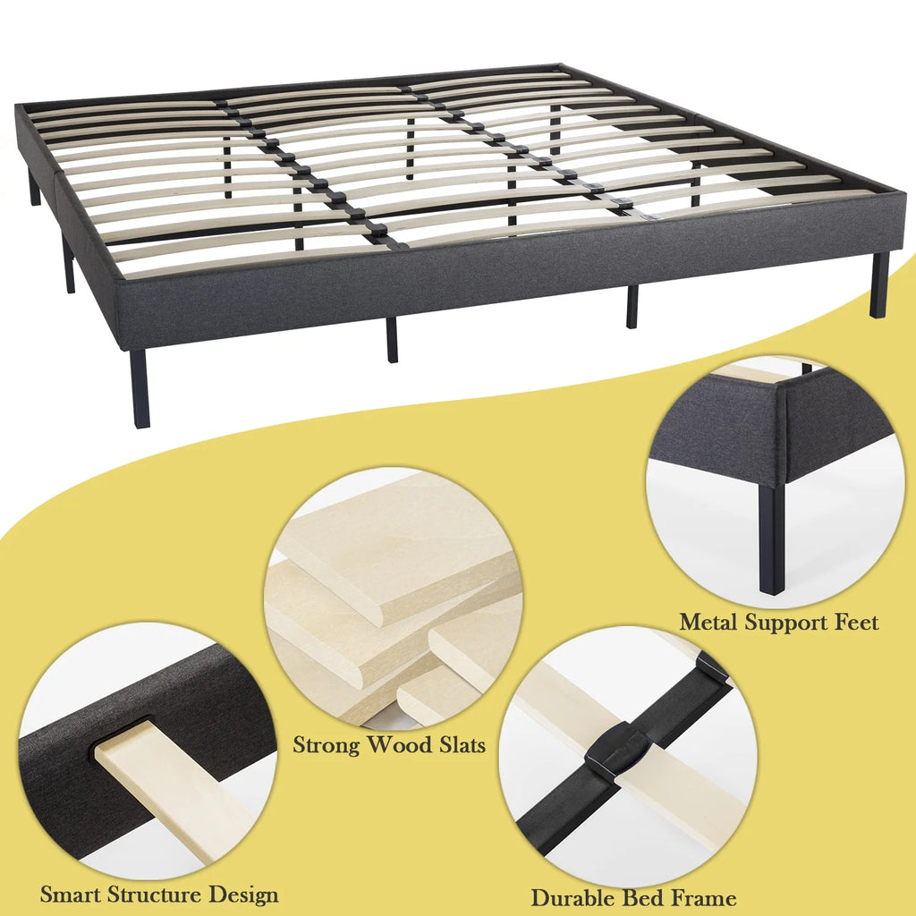 Grey King Size Upholstered Platform Bed Frame with Wood Slats X758