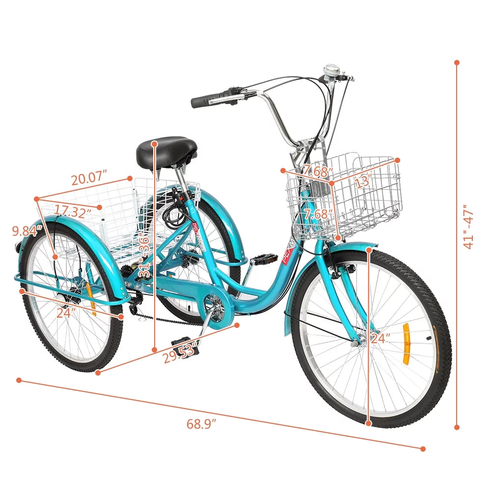 Adult Trike 7 Speed 24/26 Inch Three-Wheeled Cruiser Bike with Folding Front & Rear Basket Adjustable Height Seat L38390