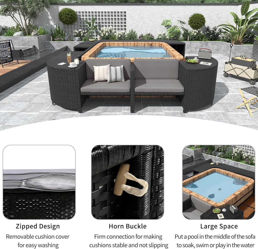 Gray Outdoor Rattan Sectional Sofa with Wooden Seats and Storage H6699
