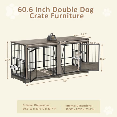 Brown Extra Large Double Dog Crate Furniture with Adjustable Divider V8065