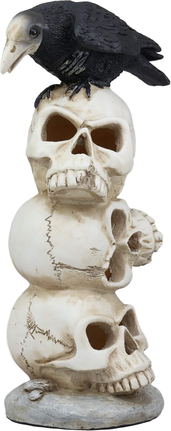 Gothic Raven Crow Bird Perching On Pole Totem Stacked Skulls with Color Changing LED Night Light Statue 11.75" Tall Skull Macabre Ossuary Figurine I9115