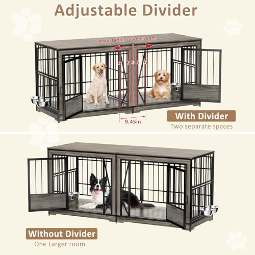 Brown Extra Large Double Dog Crate Furniture with Adjustable Divider V8065