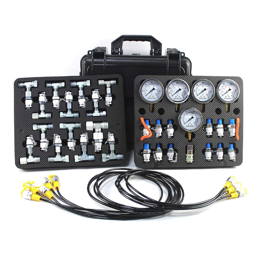 Hydraulic Pressure Test Kit with 5 Gauges 5 Test Hoses 13 Couplings and 14 Tee Connectors S6692