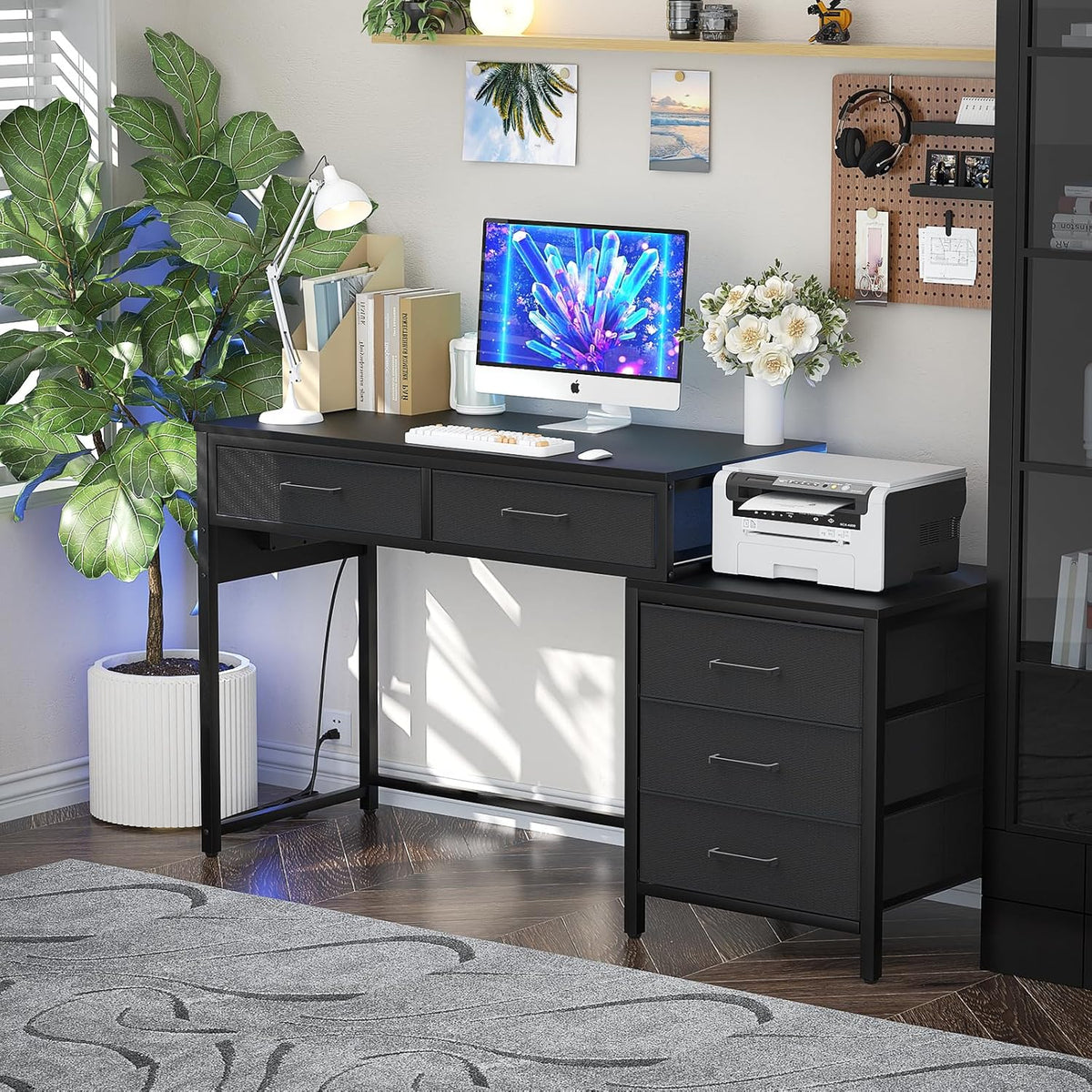 Black Computer Desk with 5 Drawers and Power Outlets T20717