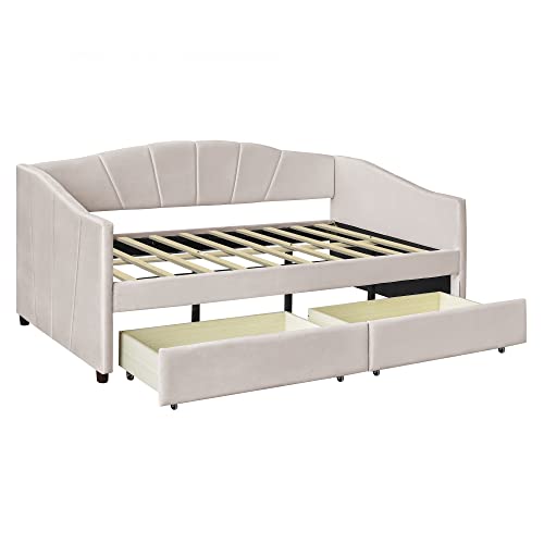 Beige Twin Size Upholstered Daybed with Two Storage Drawers A66066