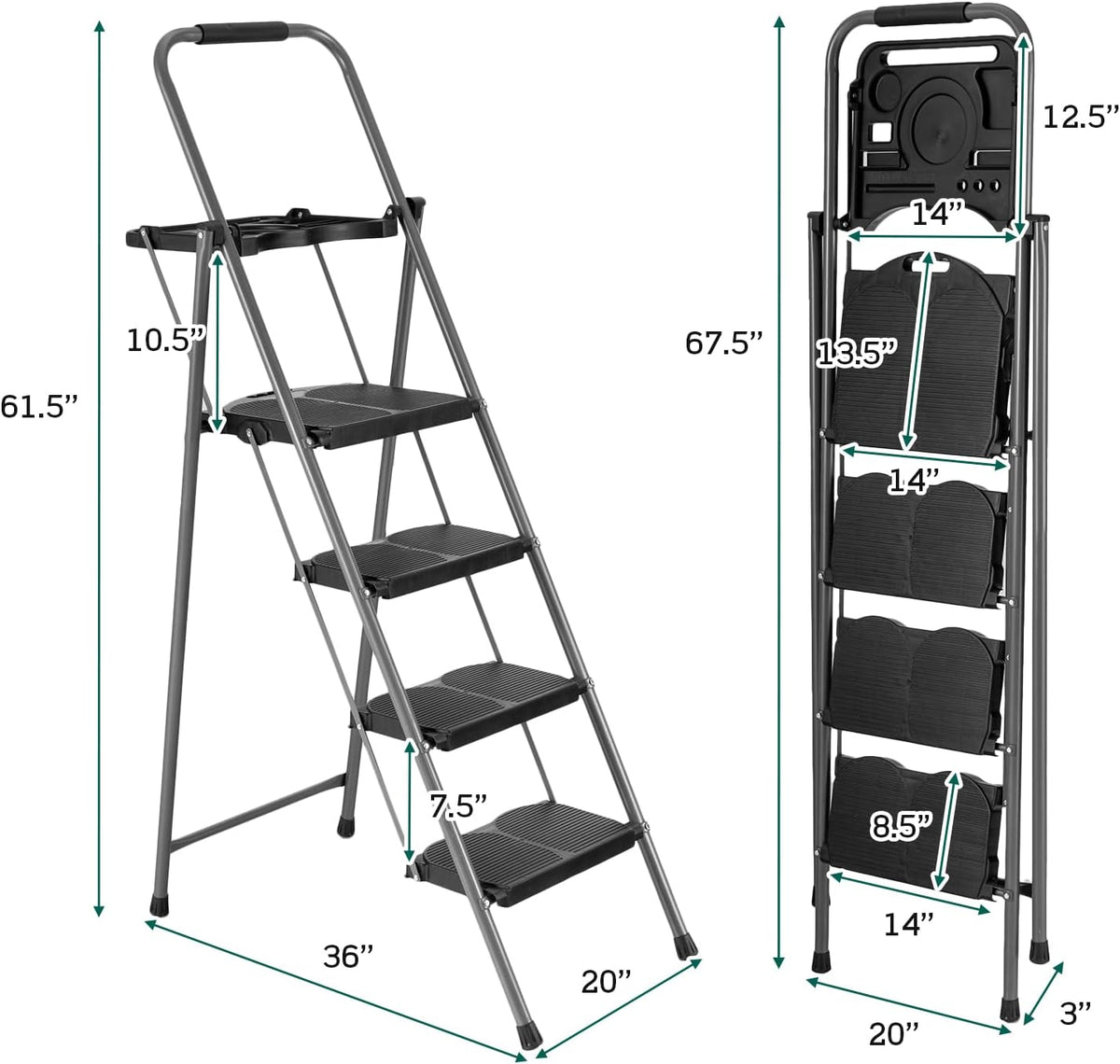 4 Step Folding Ladder with Handrail, Black K650