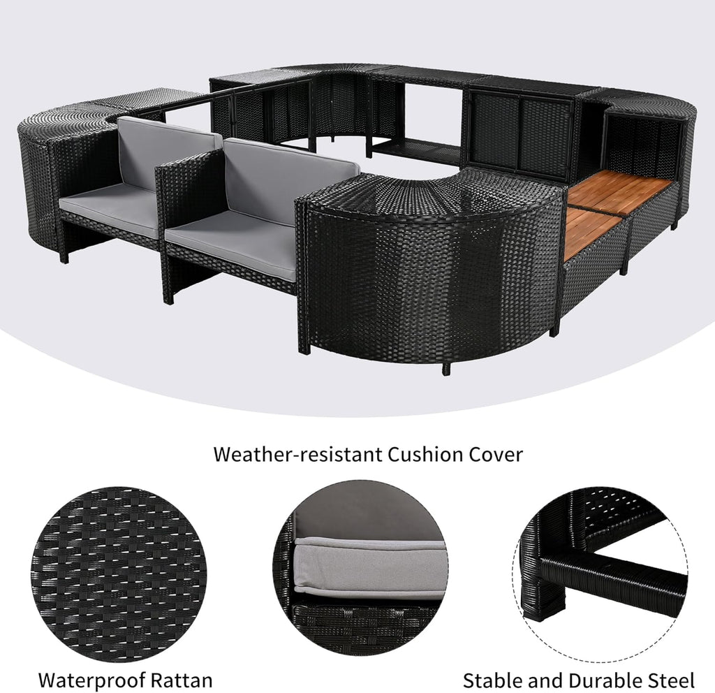 Gray Outdoor Rattan Sectional Sofa with Wooden Seats and Storage H6699