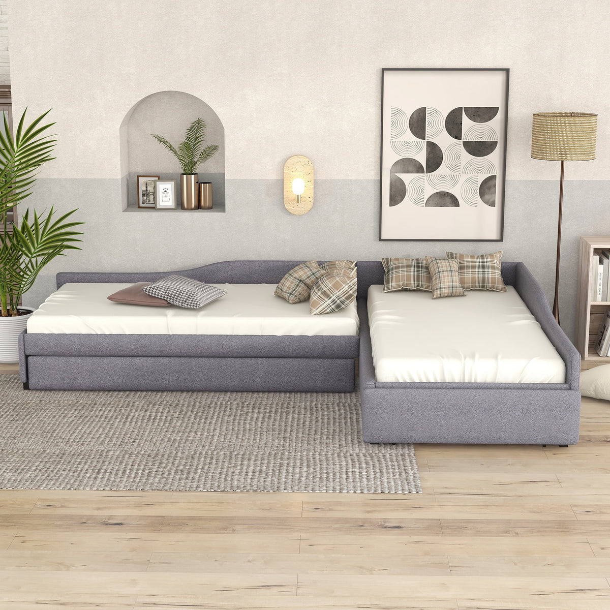 Gray L-Shaped Daybed with Trundle and Drawers, Twin Size Upholstered Sofa Bed X8841