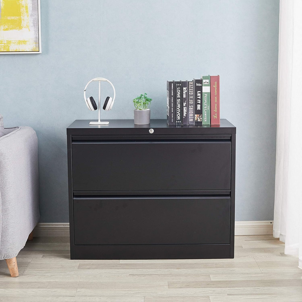 Black 2 Drawer Metal Lateral File Cabinet with Lock L6534