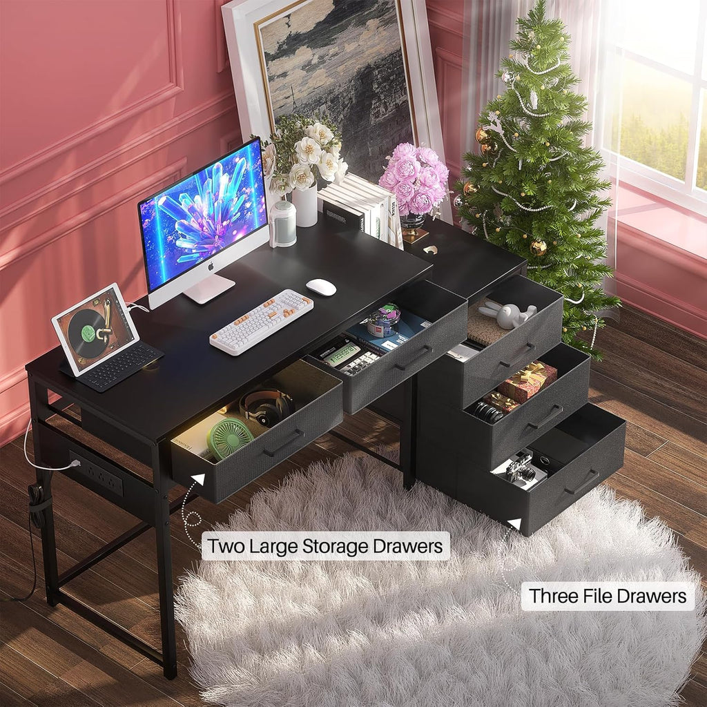 Black Computer Desk with 5 Drawers and Power Outlets T20717