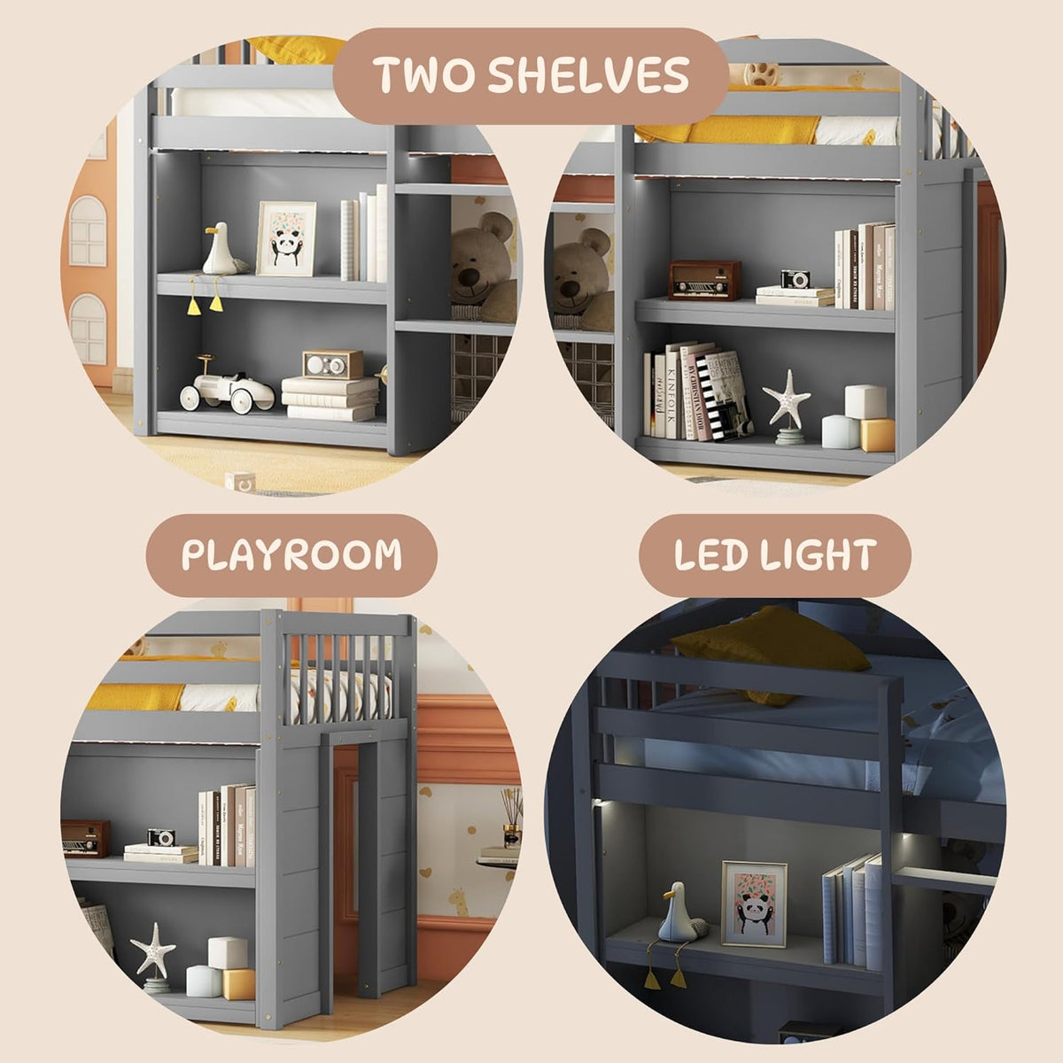 Grey LED Twin Low Loft Bed with Storage Shelves C3682