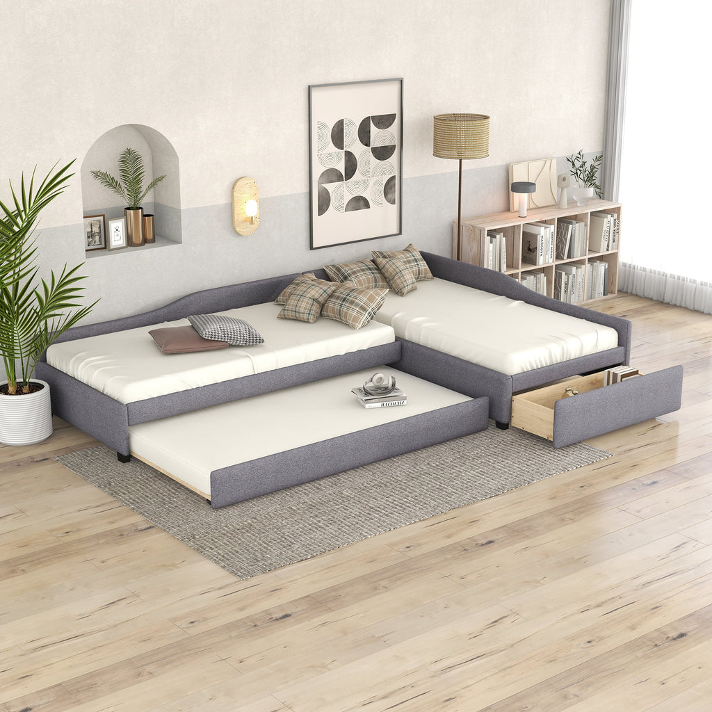 Gray L-Shaped Daybed with Trundle and Drawers, Twin Size Upholstered Sofa Bed X8841