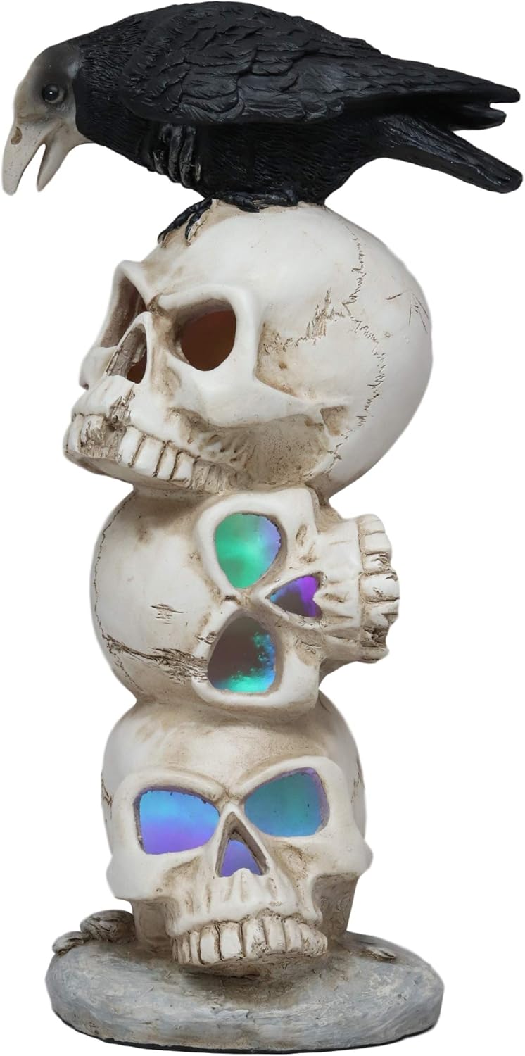 Gothic Raven Crow Bird Perching On Pole Totem Stacked Skulls with Color Changing LED Night Light Statue 11.75" Tall Skull Macabre Ossuary Figurine I9115