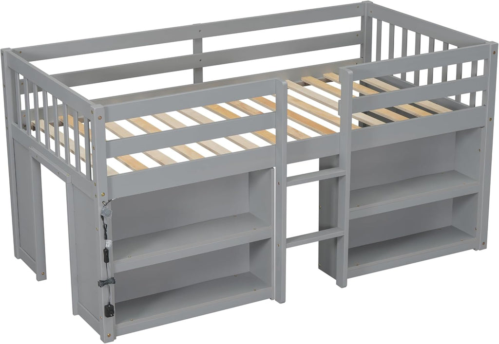 Grey LED Twin Low Loft Bed with Storage Shelves C3682