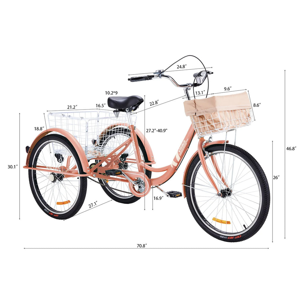 26 Inch Single Speed Adult Tricycle 3 Wheel Bike Pink L40616