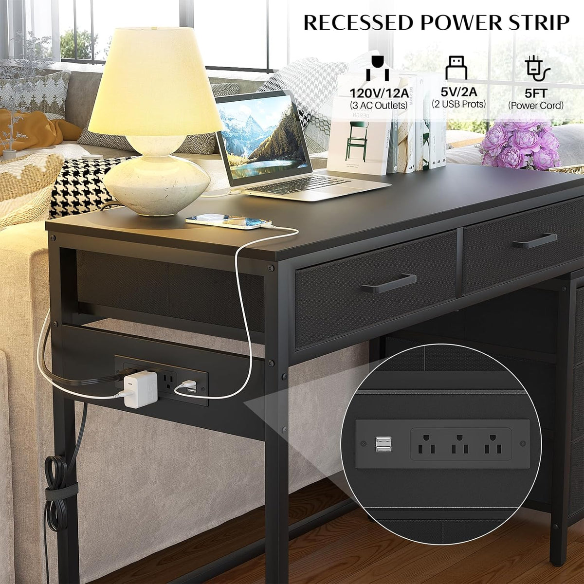 Black Computer Desk with 5 Drawers and Power Outlets T20717