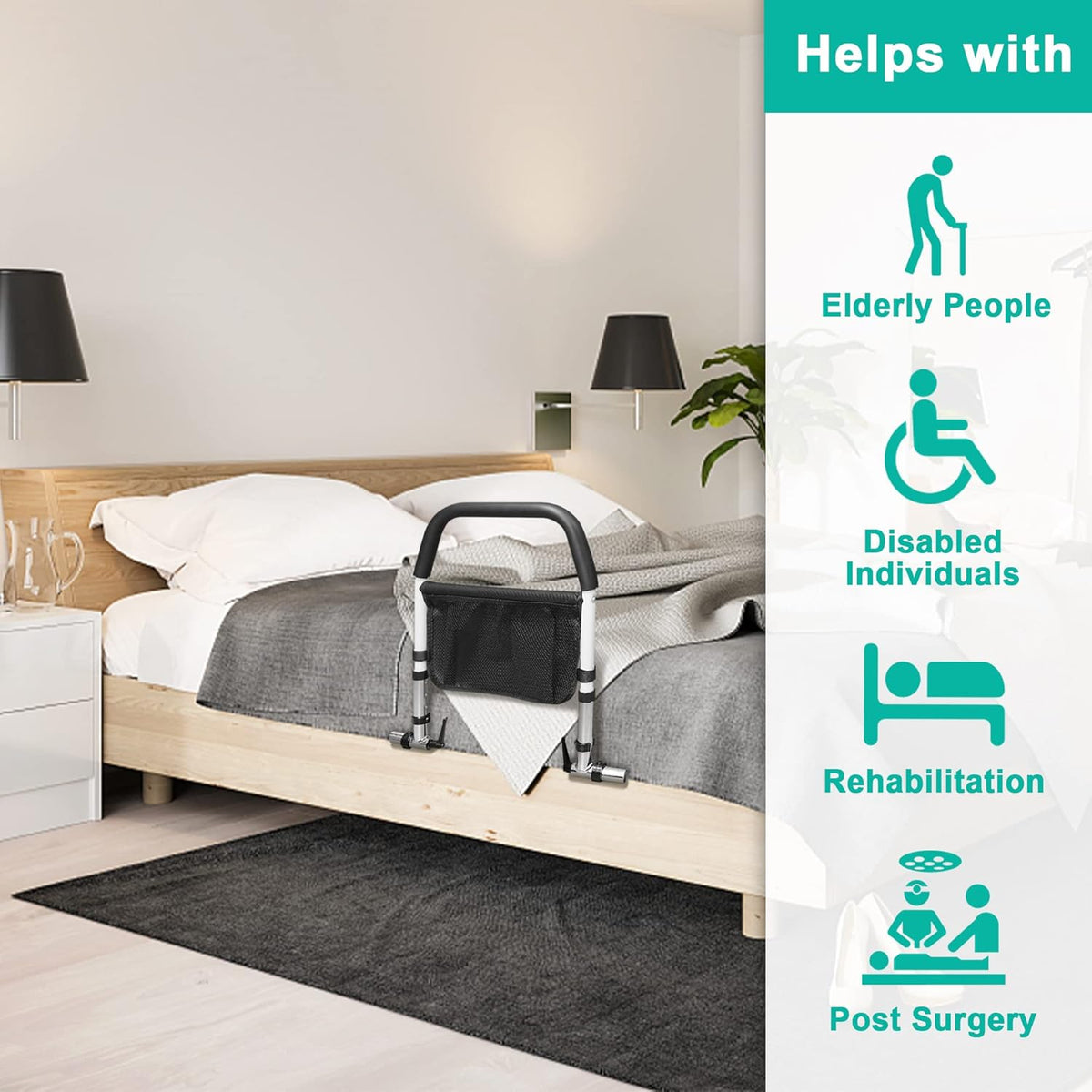 Bed Assist Rail with Fall Prevention Guard, Adjustable Height, Storage Pocket & Tablet Phone Holder, Pack of 2 Y6430