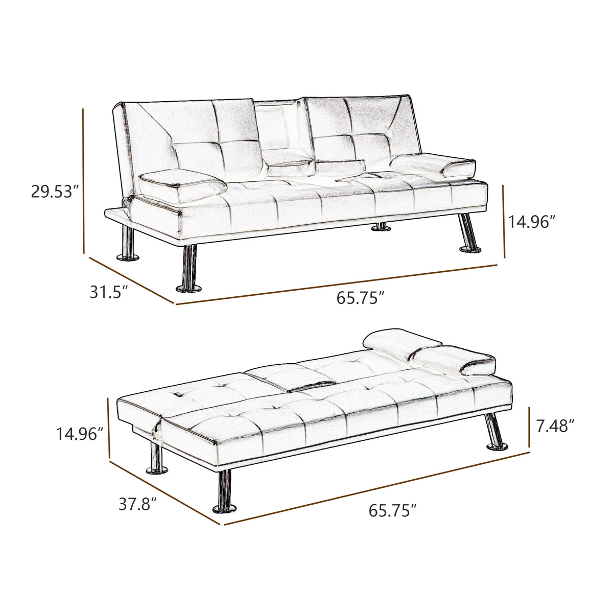 Gray Faux Leather Loveseat Sofa Bed with Cup Holders G547437