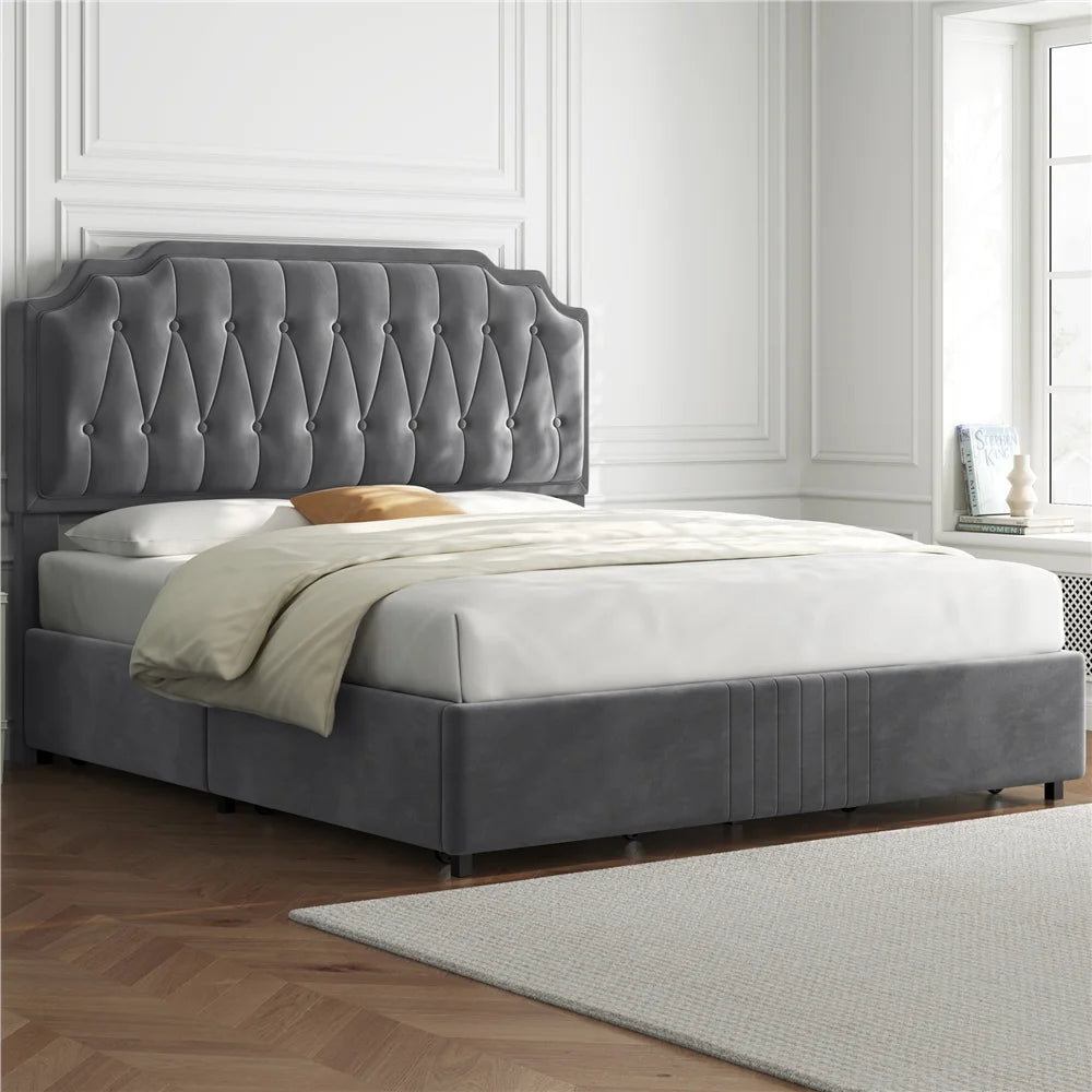 Queen Upholstered Bed with 4 Storage Drawers W352