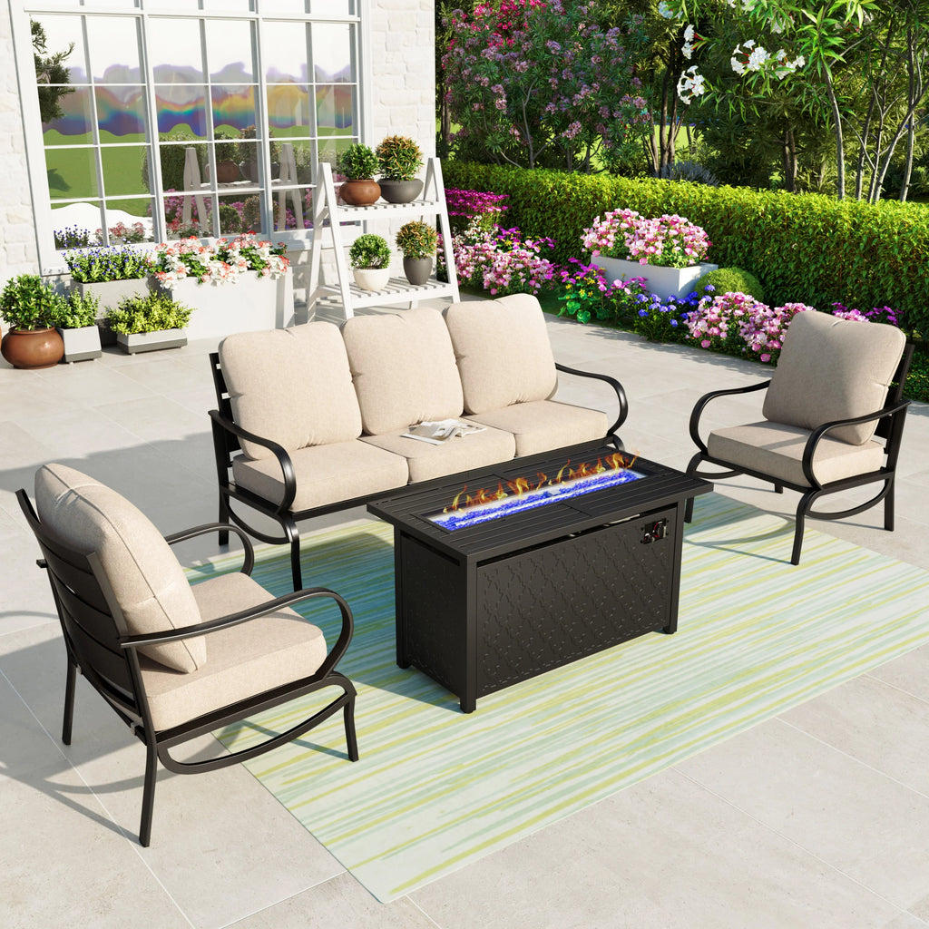 4 Pieces Patio Conversation Set with Fire Pit Table Steel Sectional Sofa Beige Cushions M5596