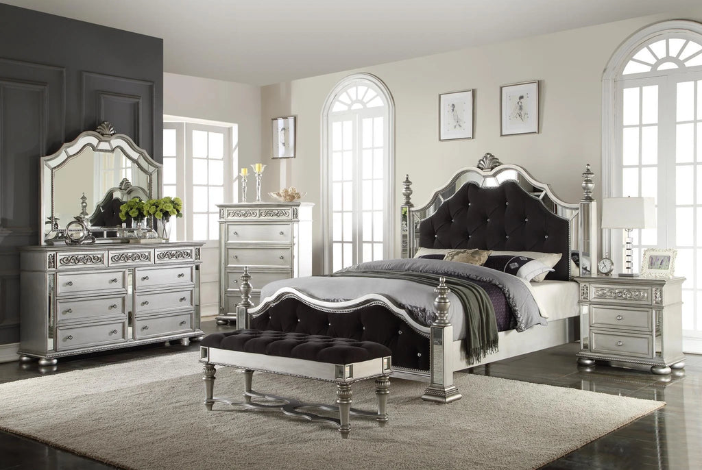 Black Silver Mirror Queen Bedroom Set 4Pcs V975212