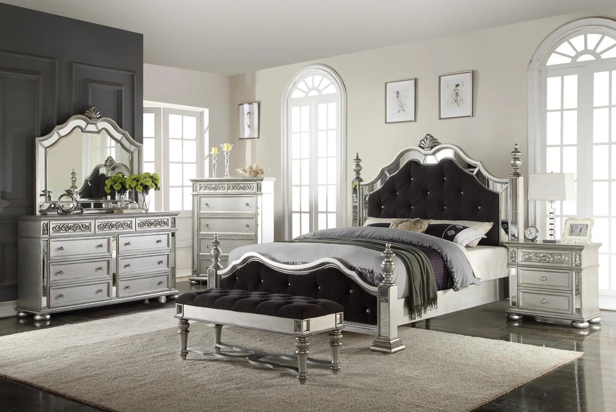 Black Silver Mirror Queen Bedroom Set 4Pcs V975212