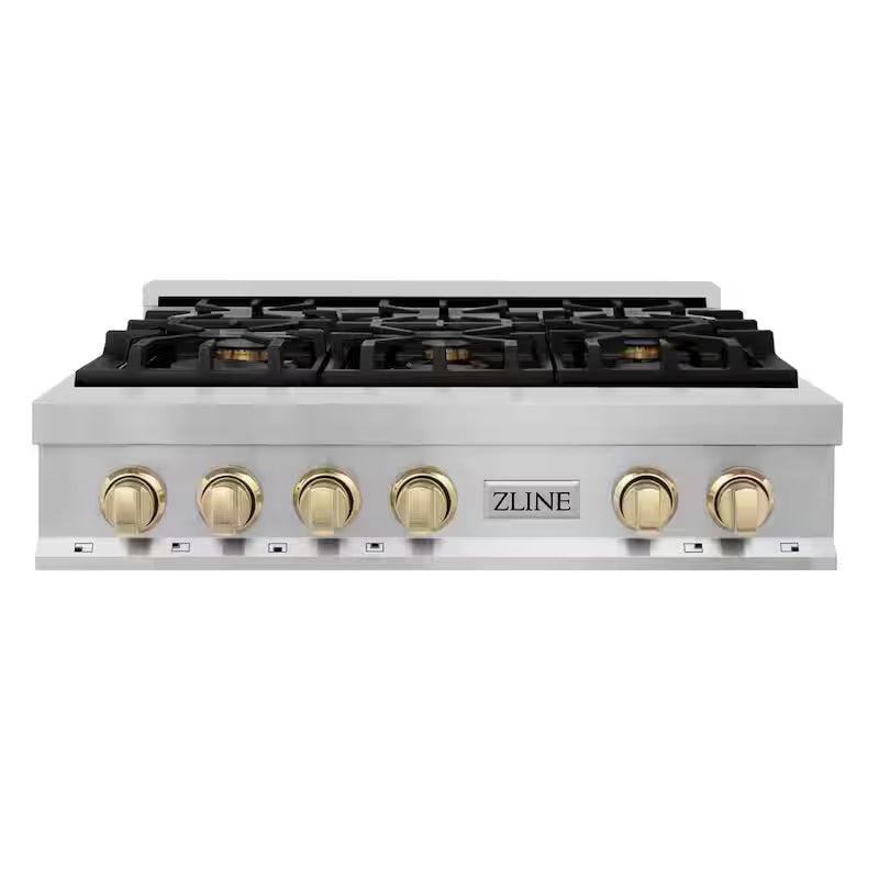 36 in. 6 Burner Gas Cooktop with Gold Knobs in Stainless Steel R6992