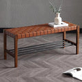 Rustic Wood 45 Inch Woven Accent Bench with Metal Shoe Rack D79896