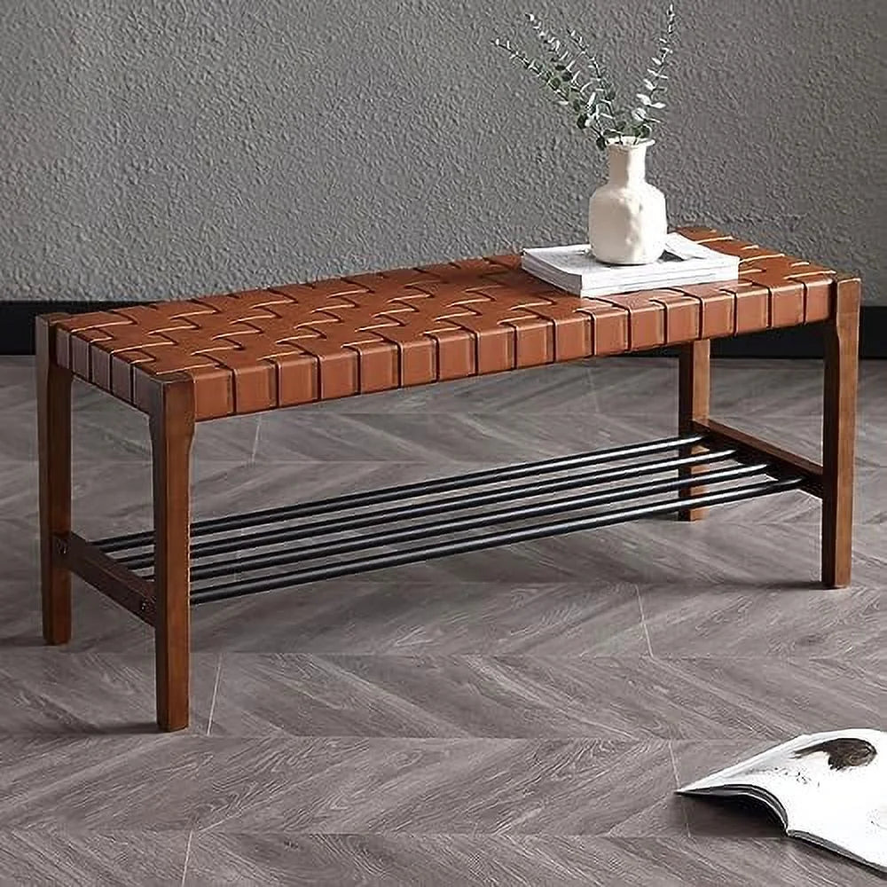 Rustic Wood 45 Inch Woven Accent Bench with Metal Shoe Rack D79896