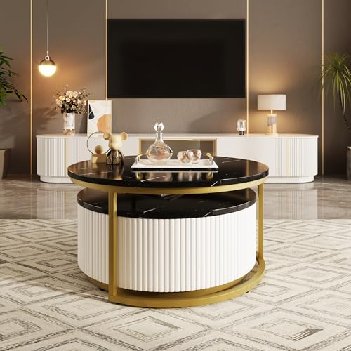 Round Nesting Coffee Table Set of 2 with Storage Drawer White I8333