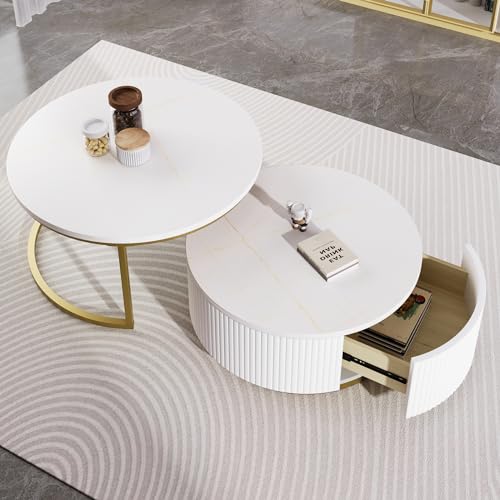 Round Nesting Coffee Table Set of 2 with Storage Drawer White I8333