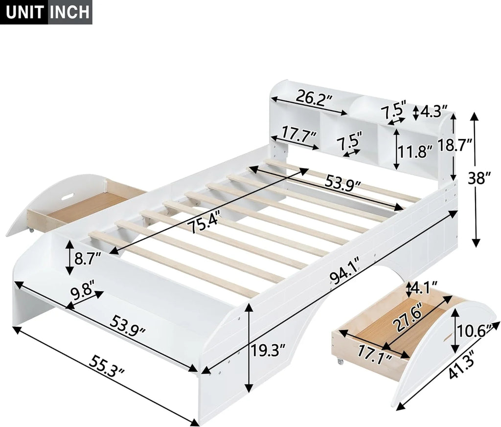 White Wood Full Size Platform Bed with Bookcase Headboard and 2 Drawers F181375