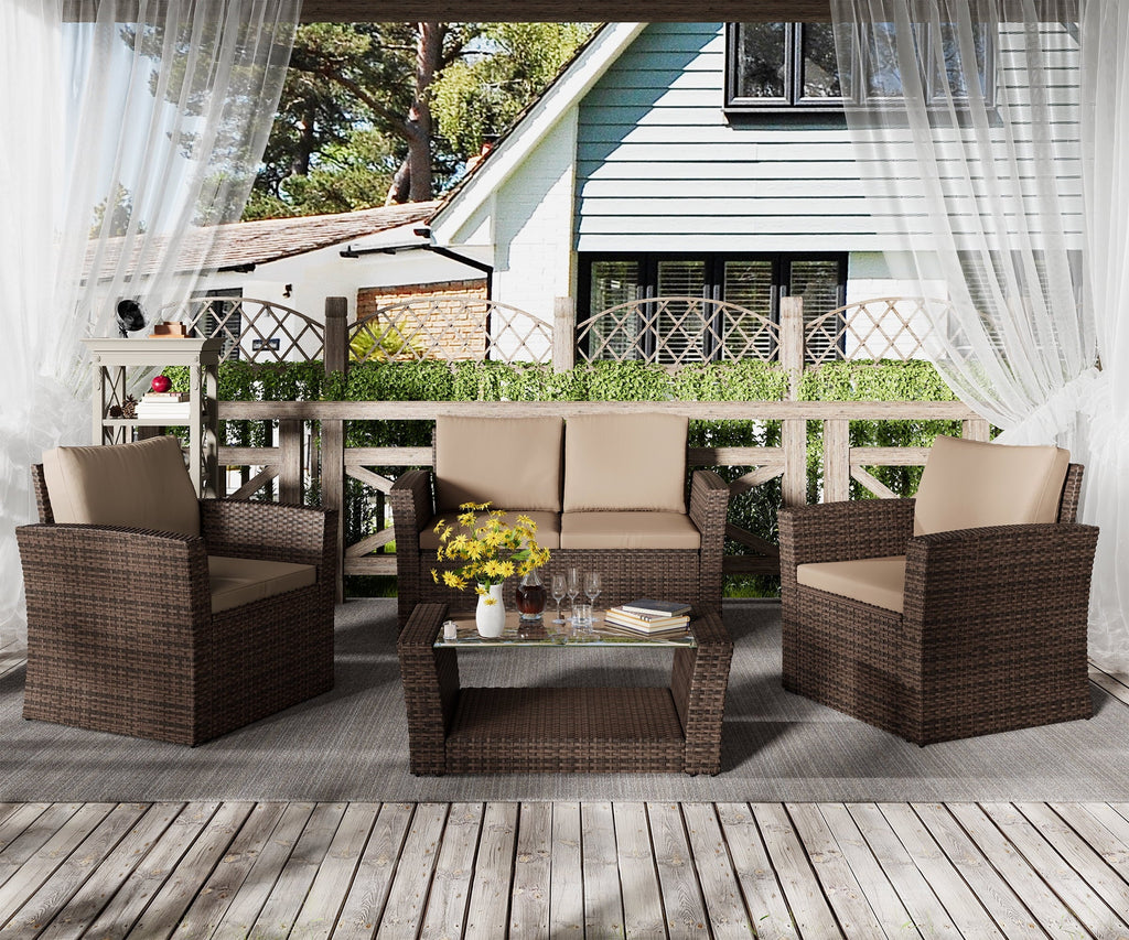 4-Piece Rattan Wicker Patio Furniture Set with Cushions V11229