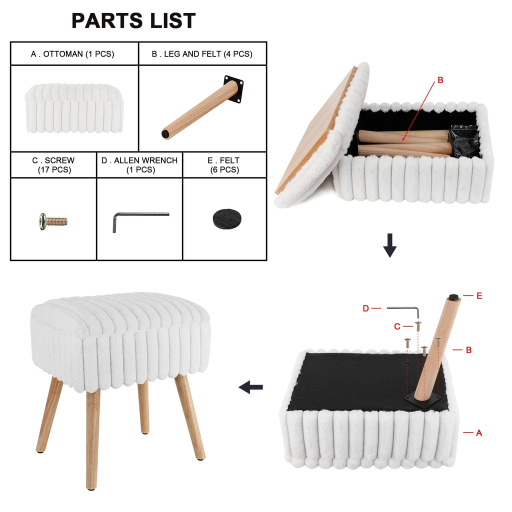 White Storage Ottoman Footstool with 4 Wood Legs V992109