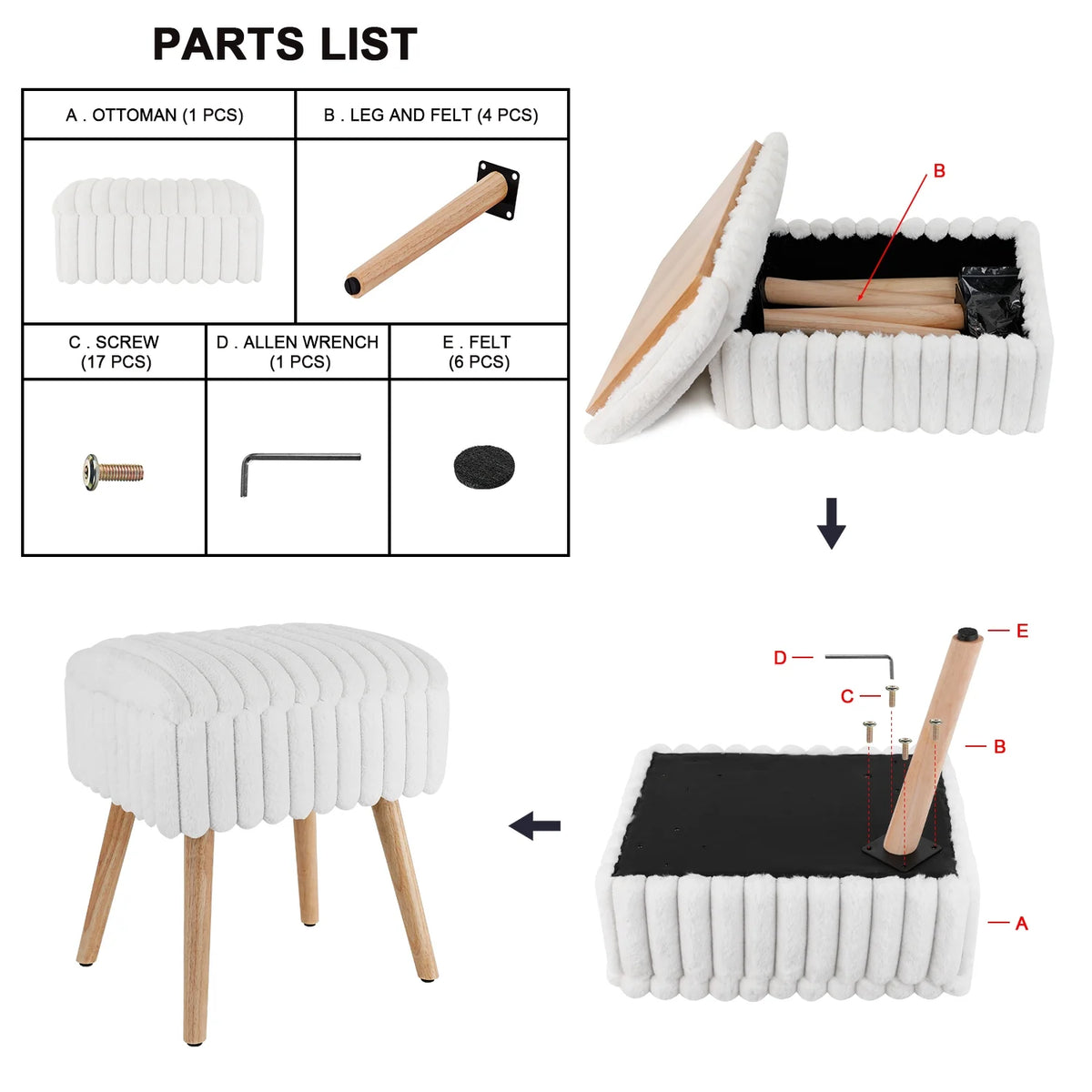 White Storage Ottoman Footstool with 4 Wood Legs V992109