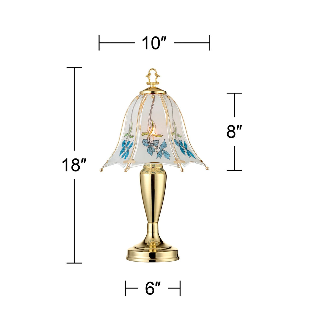 18" High Brass Accent Table Lamp Blue Floral Glass Shade V195