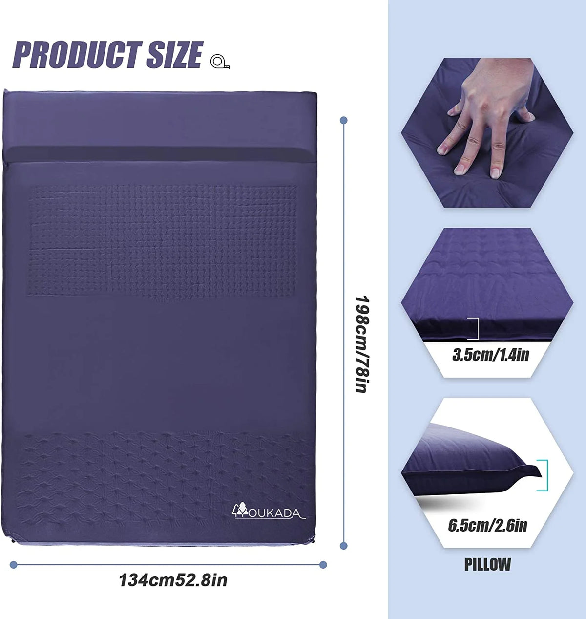 Navy Large Double Self Inflating Sleeping Pad with Pillow U638