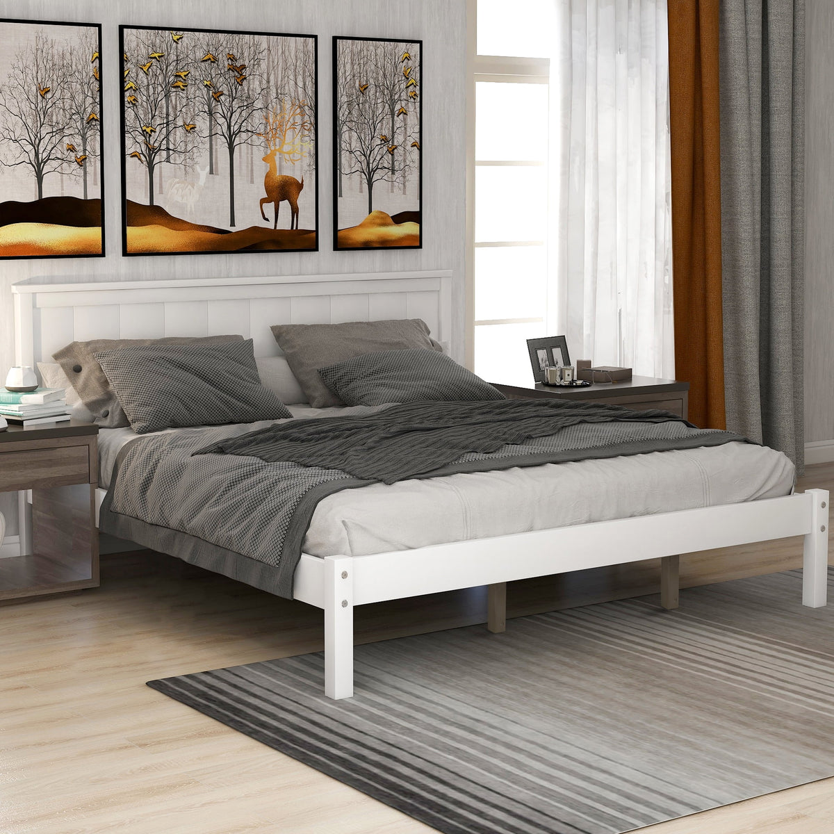 Queen White Wood Platform Bed Frame with Headboard M3676
