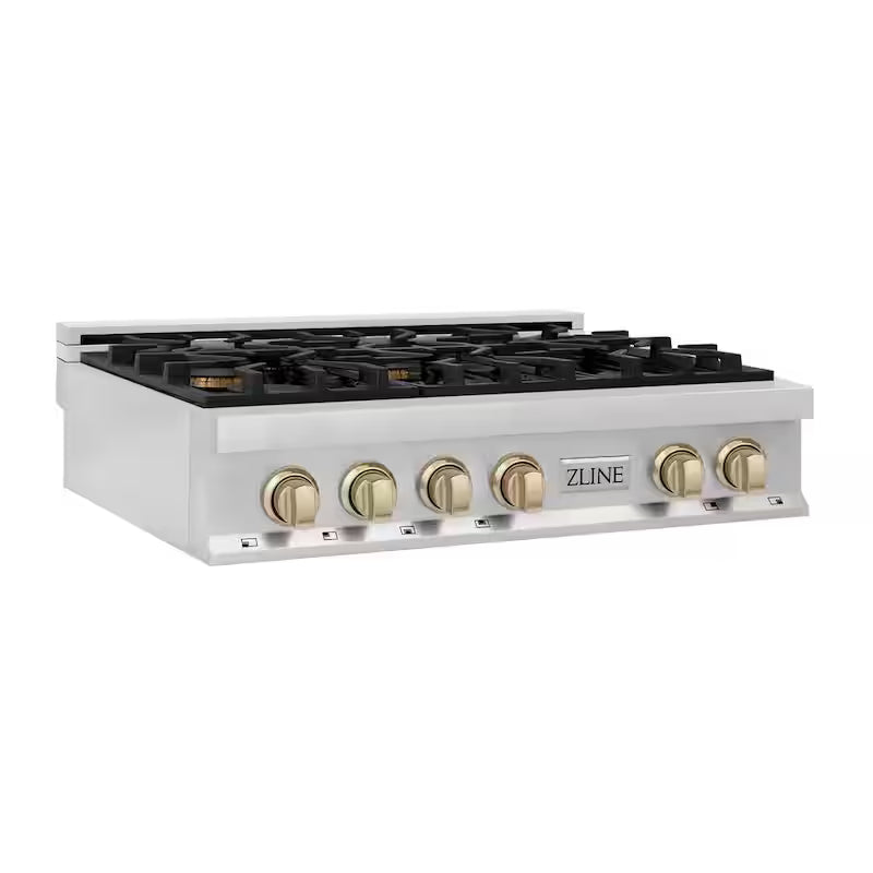 36 in. 6 Burner Gas Cooktop with Gold Knobs in Stainless Steel R6992