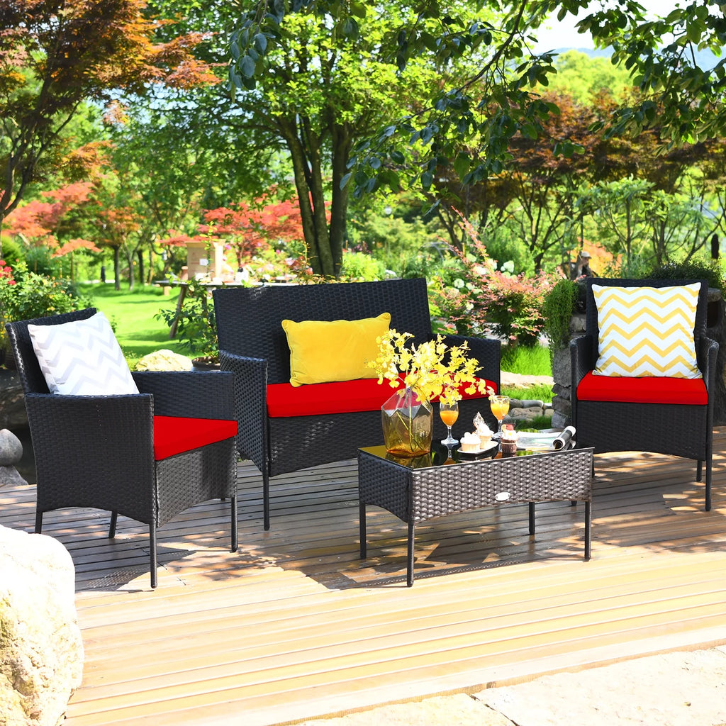 4 Pieces Patio Rattan Furniture Set Cushioned White B663