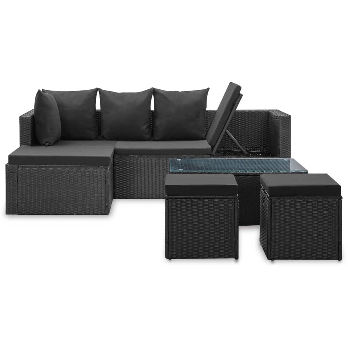 4 Piece Poly Rattan Black Outdoor Sectional Sofa Set with Cushions and Coffee Table S457430