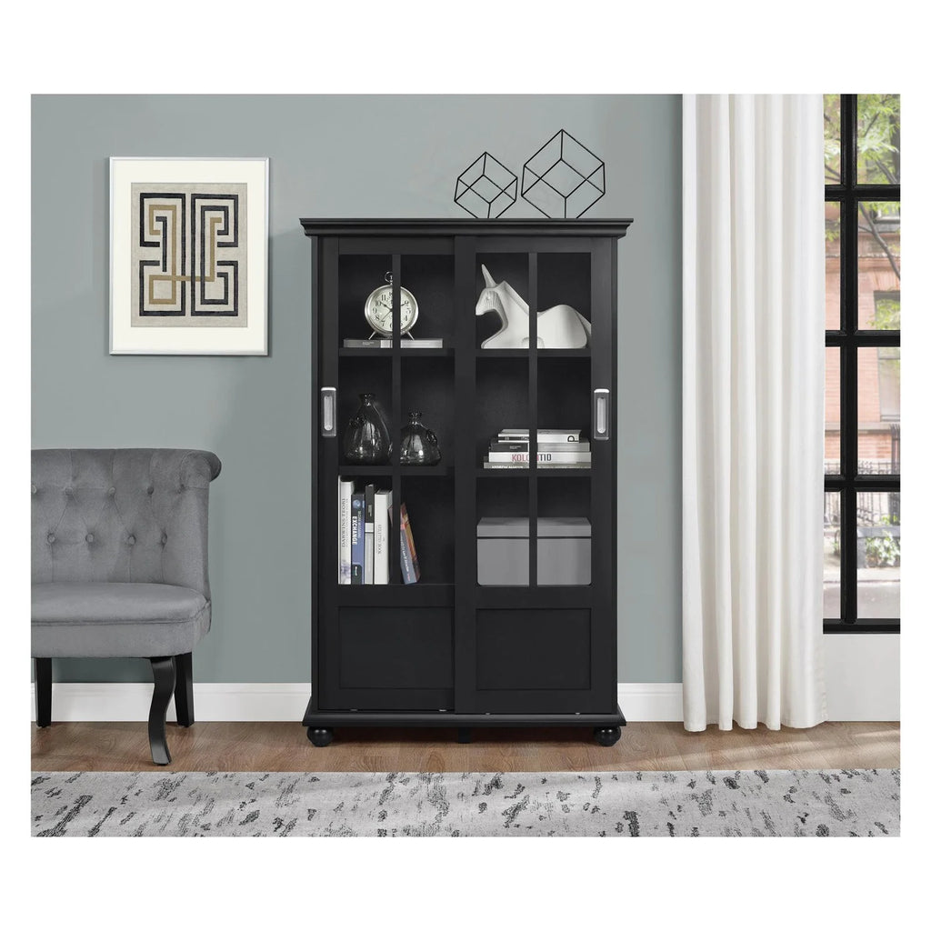 Black Bookcase with Sliding Glass Doors H1463
