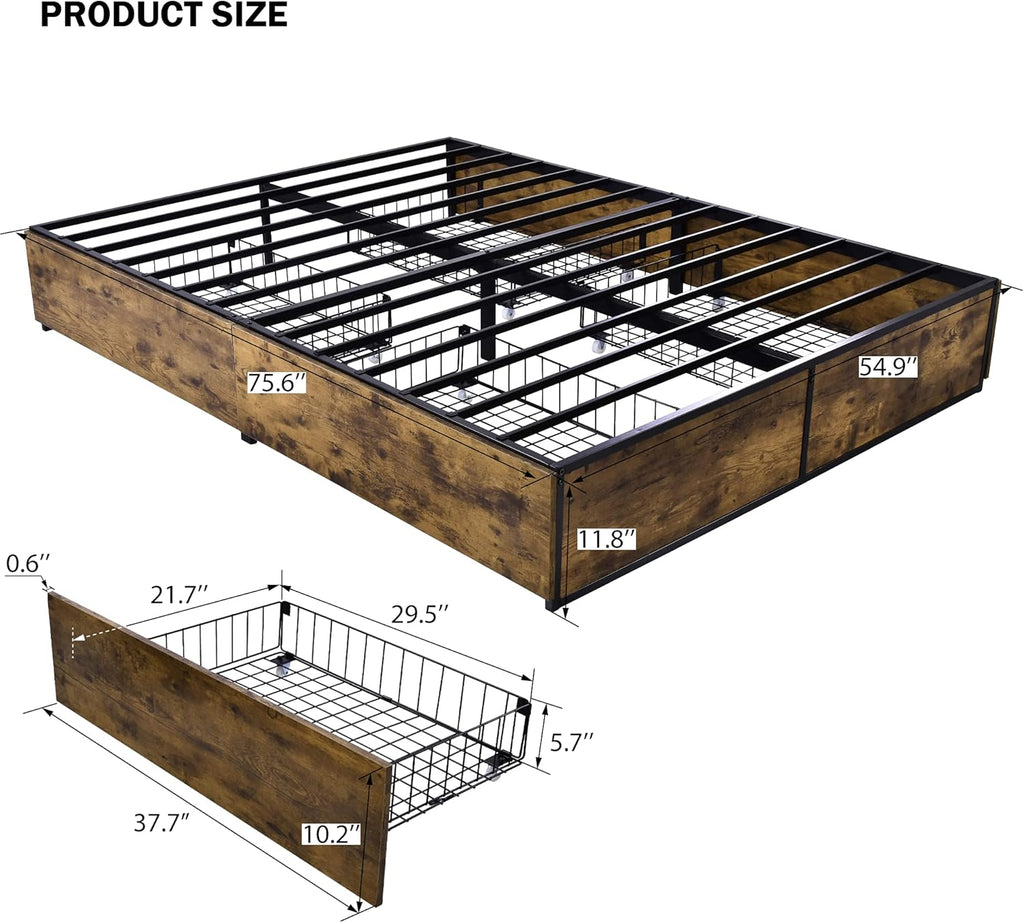 Industrial Full Size Metal Frame Bed with 4 Drawers E350