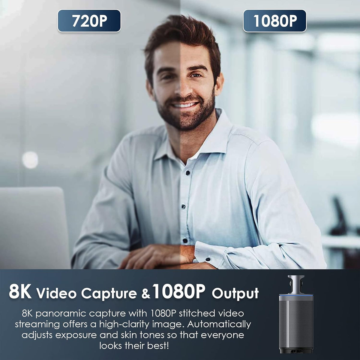 8K 360-Degree Video Conference Camera with 8 Noise-Cancelling Microphones and Speaker E877