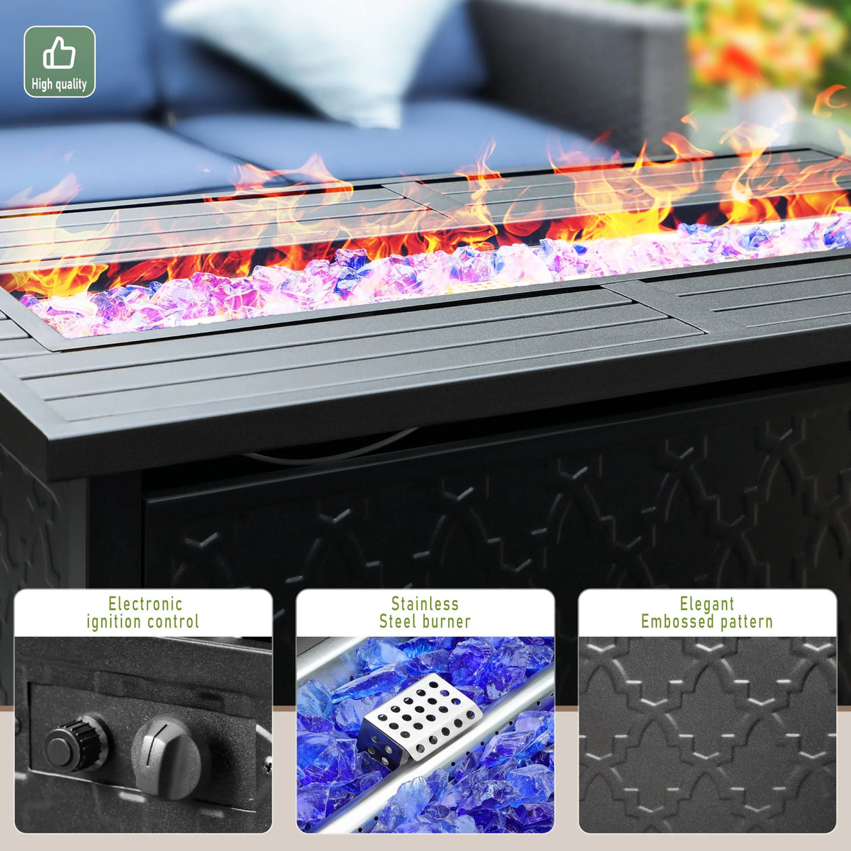 4 Pieces Patio Conversation Set with Fire Pit Table Steel Sectional Sofa Beige Cushions M5596