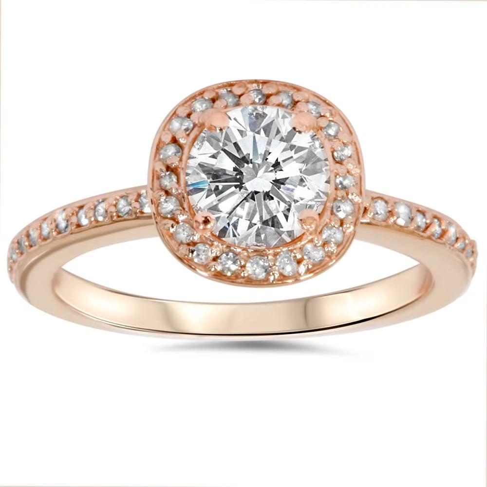 1ct Cushion Halo Diamond Engagement Ring 14K Rose Gold H201