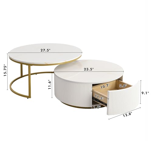 Round Nesting Coffee Table Set of 2 with Storage Drawer White I8333