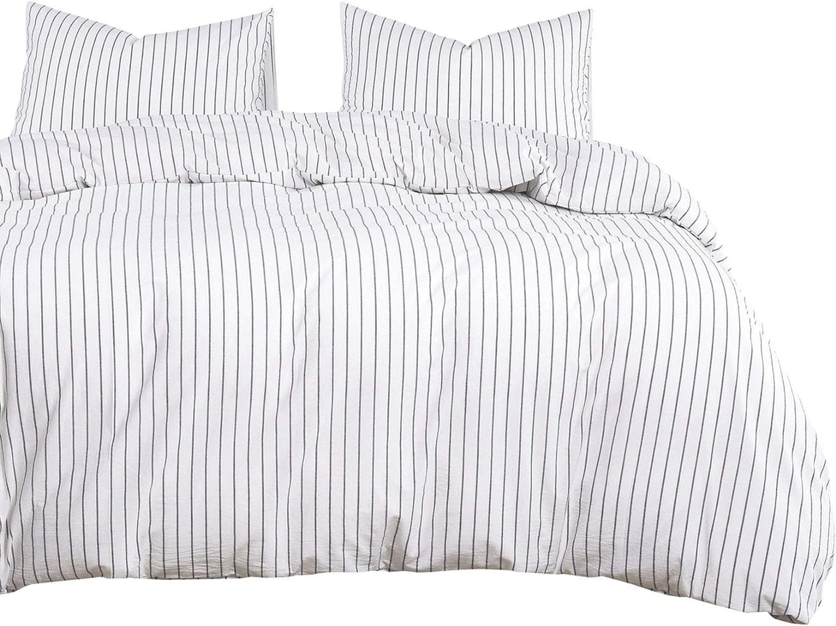 Gray Striped King Size 3pcs Washed Cotton Duvet Cover Set with Zipper Closure C40977