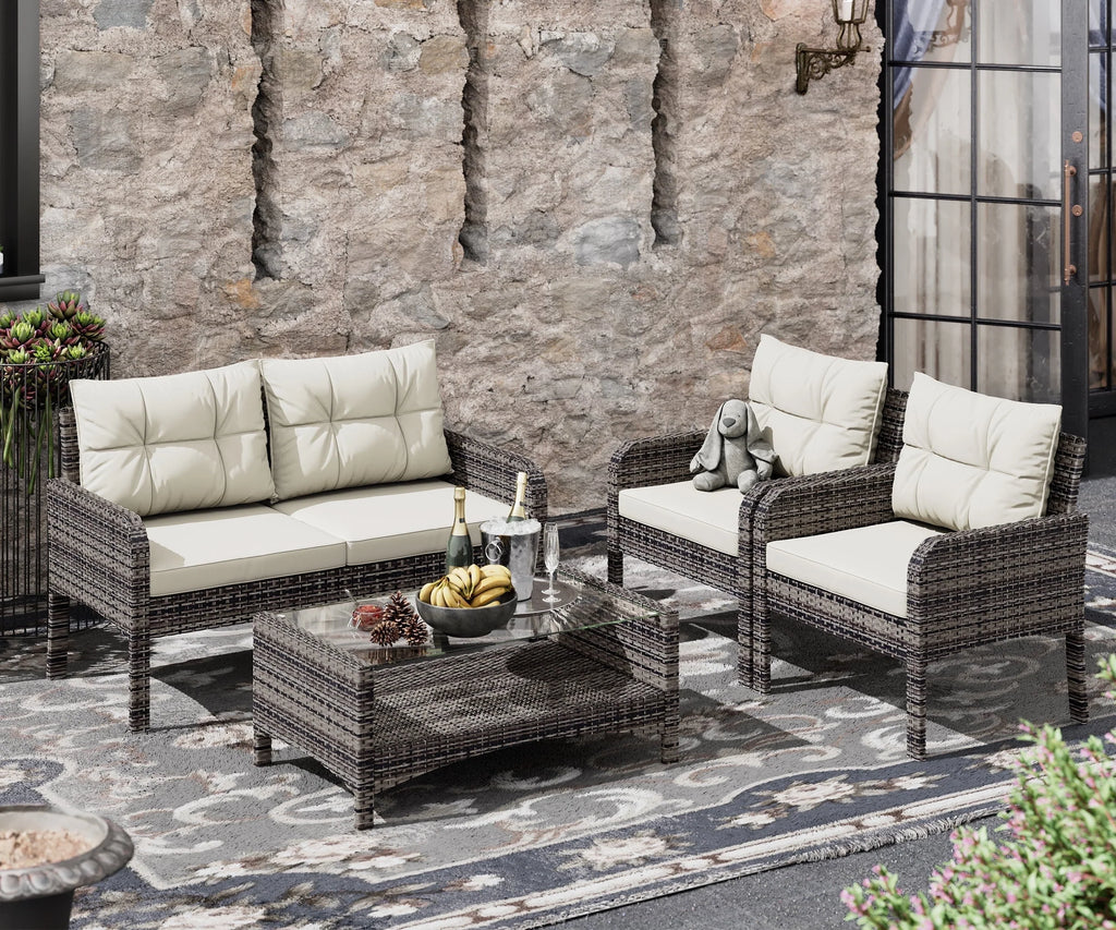 4-Piece Rattan Wicker Patio Furniture Set with Cushions V11229